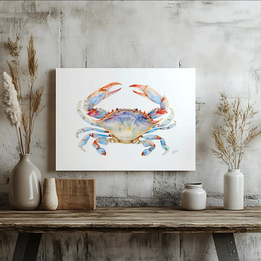 Blue Crab Wall Art | Watercolor Coastal Sea Life Painting | Gallery Quality Premium Canvas | Nautical Home Decor Gift for Beach House Lovers