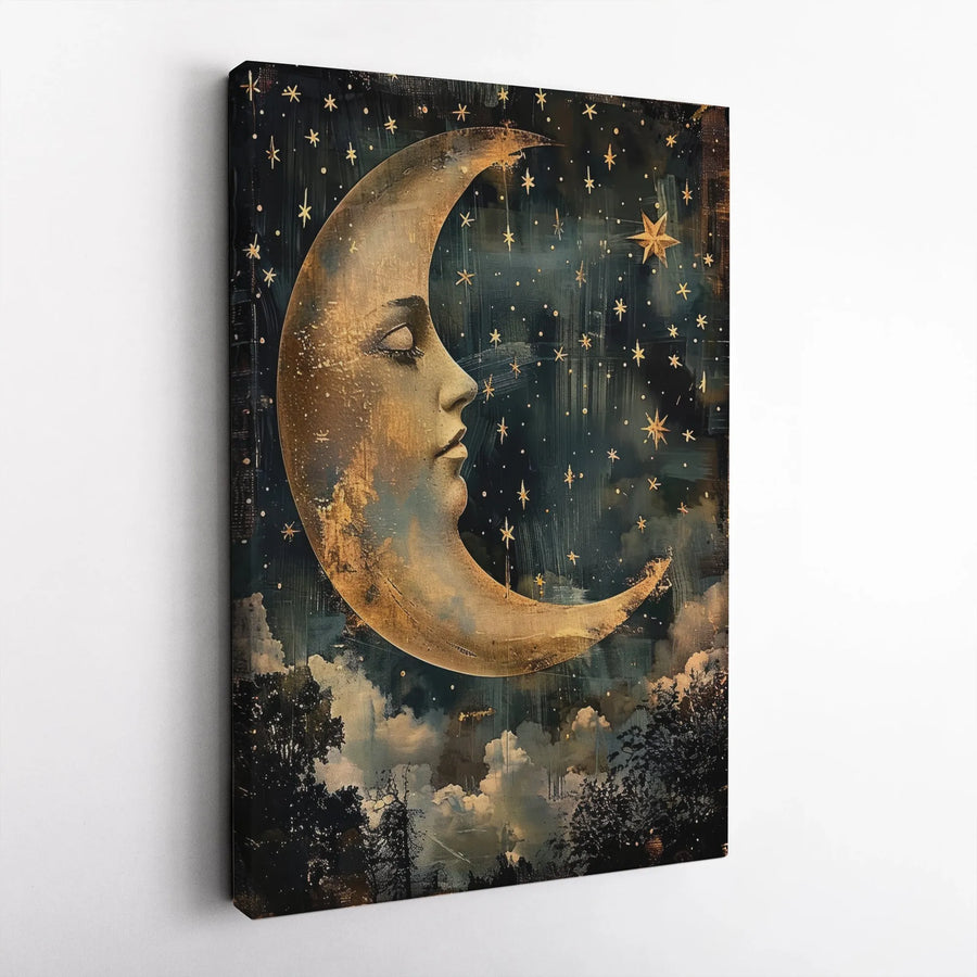 Crescent Moon Face Canvas Art | Vintage Celestial Starry Night Print | Premium Gallery Wrapped Wall Decor | Whimsical Bedroom Art Gift