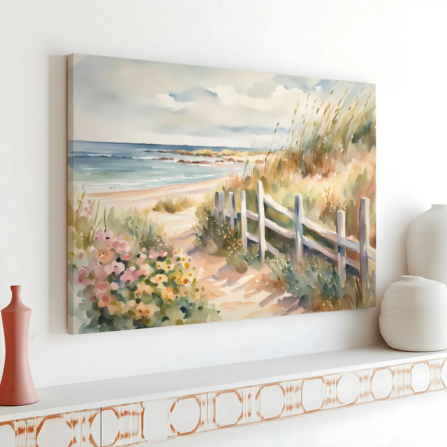 Coastal Beach Path Canvas Print | Watercolor Seascape Painting | Premium Gallery Wrapped Art | Nautical Living Room Decor Gift