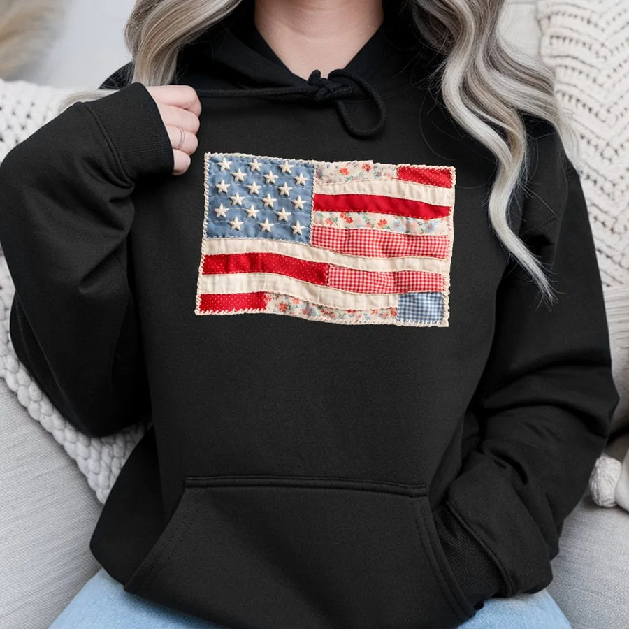 Retro American Flag Hoodie | Faux Patchwork USA Graphic | Premium Cotton Blend | Patriotic Gift for Independence Day