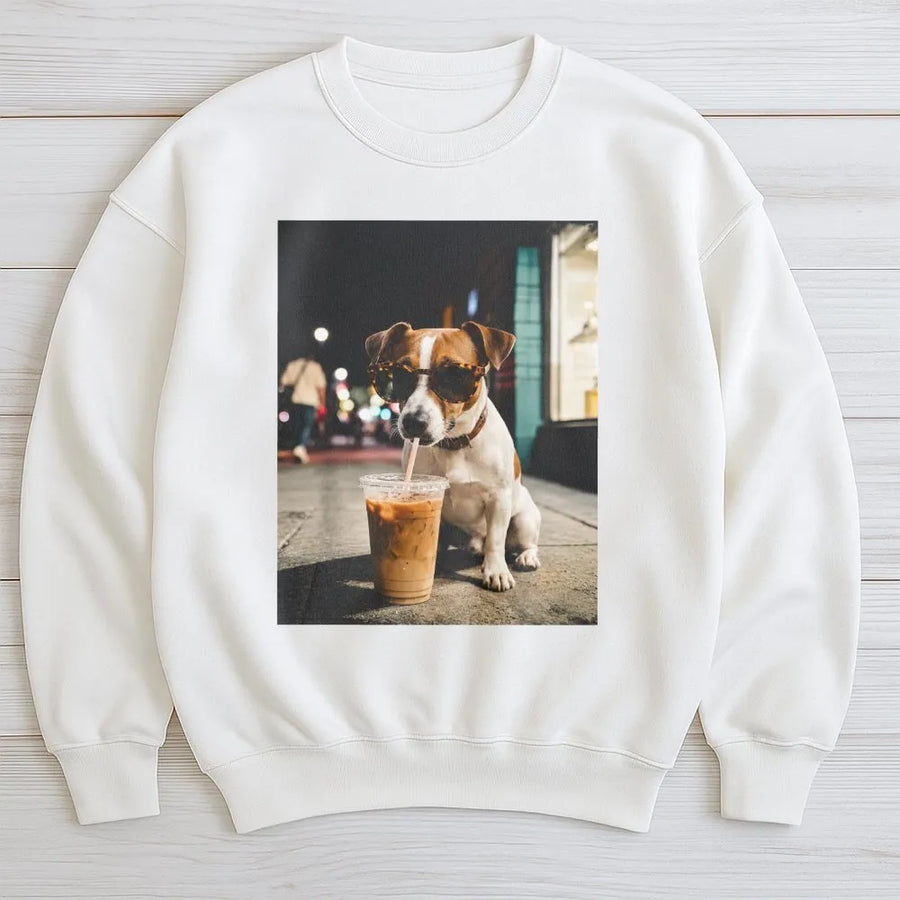 Funny Dog Iced Coffee Sweatshirt | Trendy Aesthetic Graphic Tee with Sunglasses | Premium Comfort Colors Cotton | Gift for Dog Mom and Coffee Lover