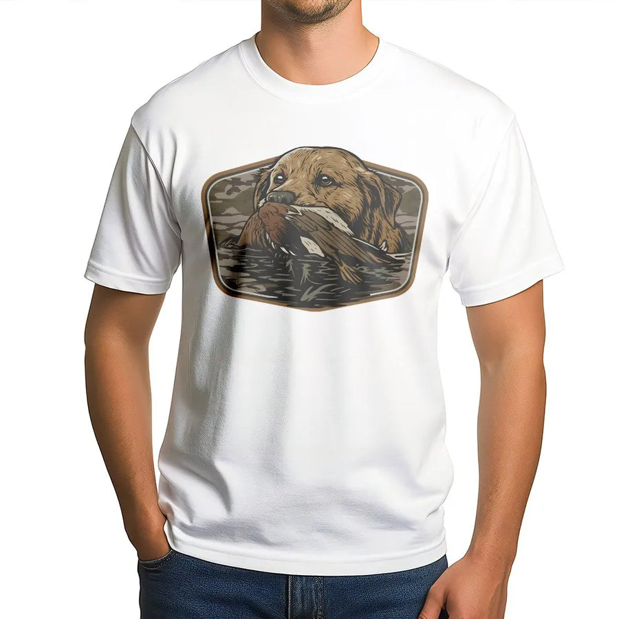 Duck Hunting T-Shirt | Labrador Retriever Fetching Mallard Graphic | 100% Cotton Premium Tee | Outdoor Wildlife Gift For Hunters
