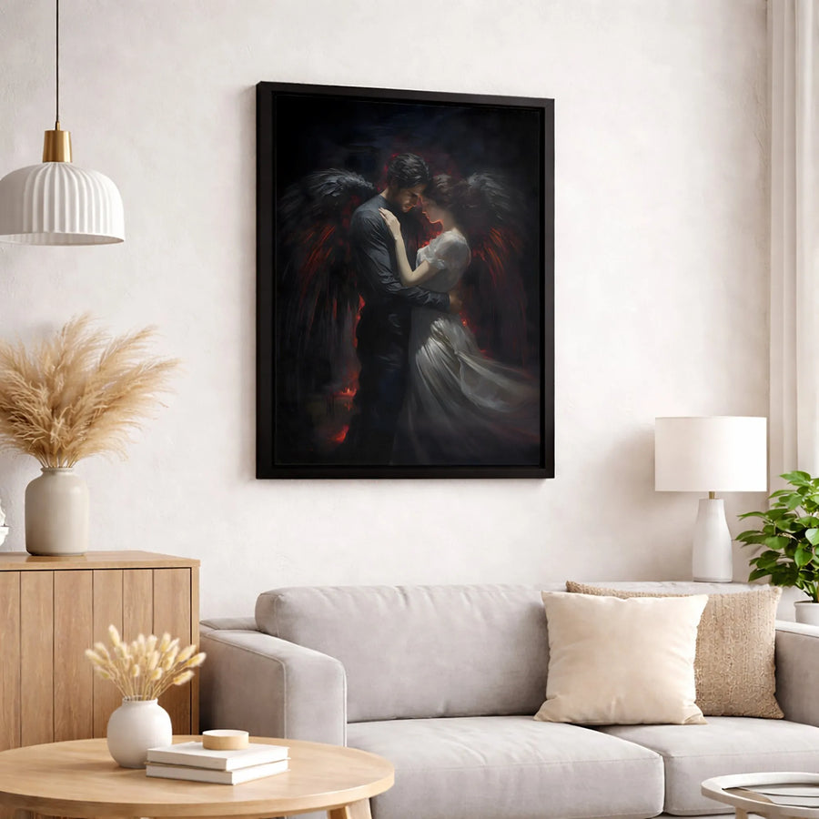 Dark Angel Couple Canvas Print | Romantic Gothic Embrace Artwork | Premium Gallery Wrapped Wall Decor | Gothic Home Decor Gift for Couples
