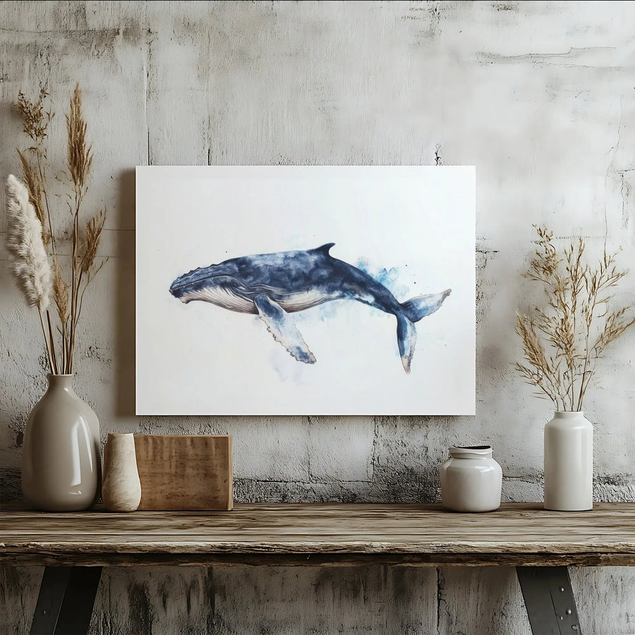 Humpback Whale Canvas Wall Art | Watercolor Ocean Animal Decor | Premium Gallery Wrap Print | Coastal Home Office Living Room Wall Decor