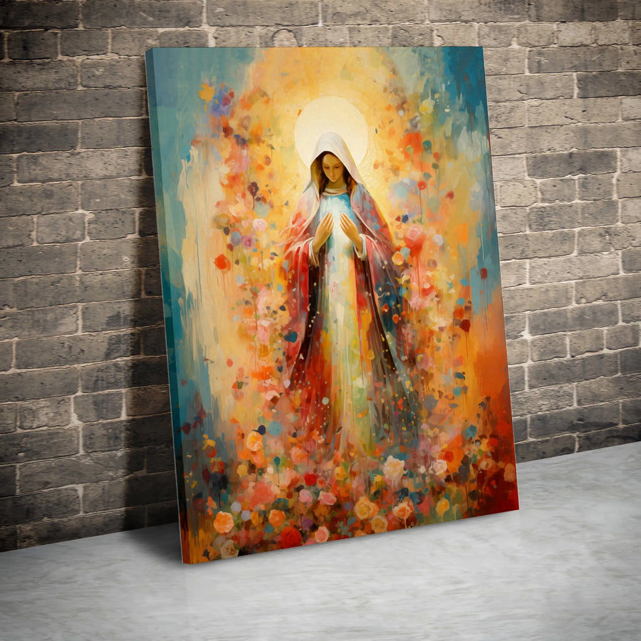 Virgin Mary Canvas Wall Art | Colorful Floral Abstract Religious Print | 1.25 Inch Gallery Wrap | Premium Christian Home Decor Gift