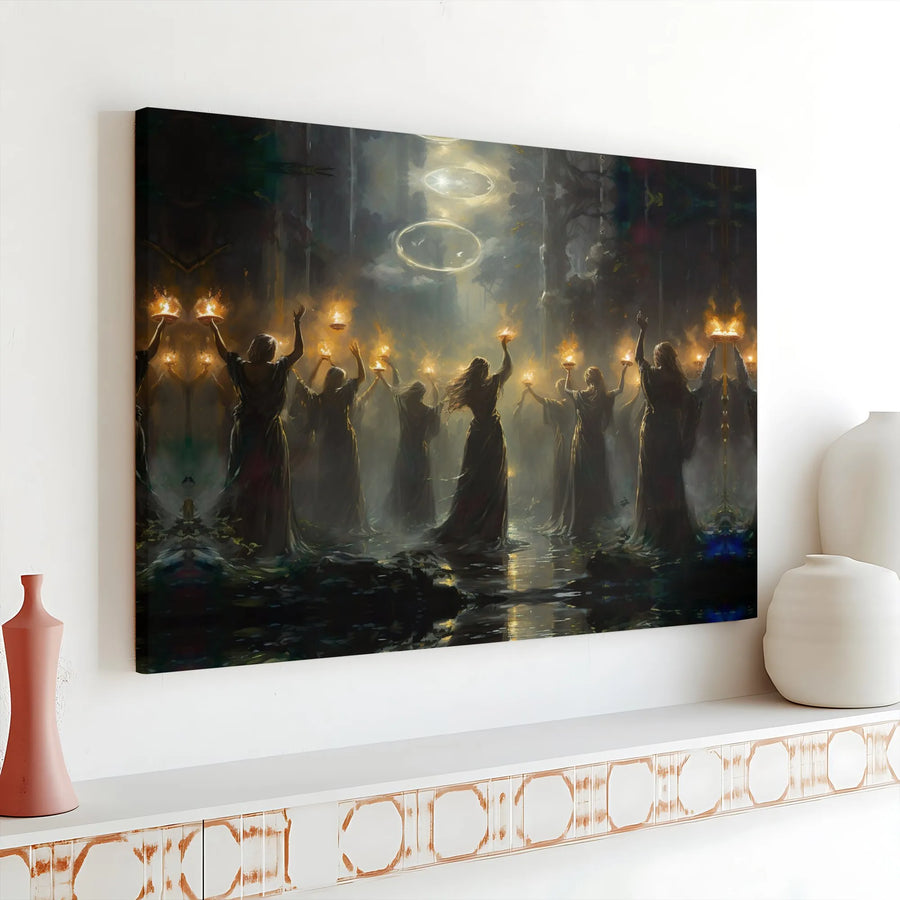 Mystical Ritual Canvas Wall Art | Dark Fantasy Robed Figures Decor | Premium Gallery Wrap Print | Gothic Home Decor for Witchy Aesthetic