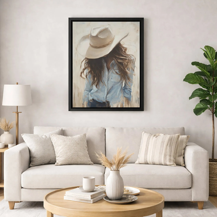 Cowgirl Canvas Wall Art | Impressionist Woman with Cowboy Hat | Premium Gallery Wrap Decor | Western Home Office Gift