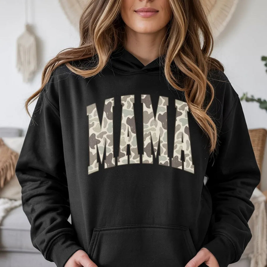 Mama Camo Hoodie | Duck Hunting Camouflage Lettering | Soft Cotton-Poly Pullover | Mothers Day Gift for Outdoorsy Mom