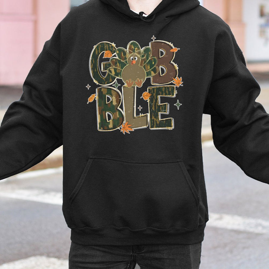 Gobble Turkey Hoodie | Camouflage Thanksgiving Design | Premium Cotton Blend | Funny Fall Apparel Gift for Men and Women