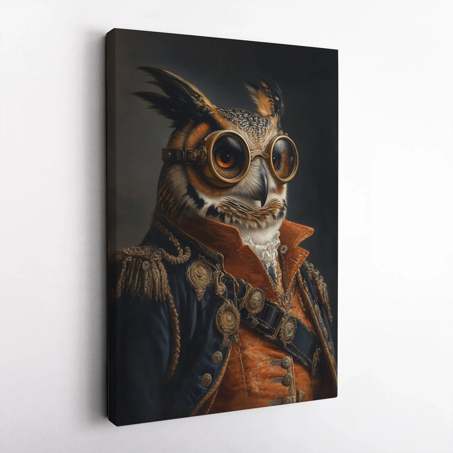 Steampunk Owl Wall Art | Military General Portrait in Goggles | Premium Gallery Wrapped Canvas | Unique Home Office Decor Gift