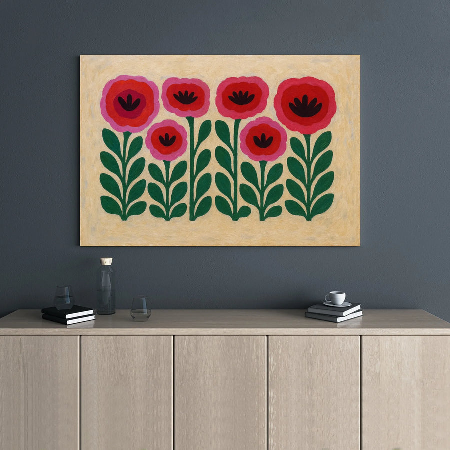 Red and Pink Poppy Flower Canvas Art | Scandinavian Folk Art Print | 1.25-Inch Gallery Wrap Canvas | Modern Botanical Wall Decor for Home