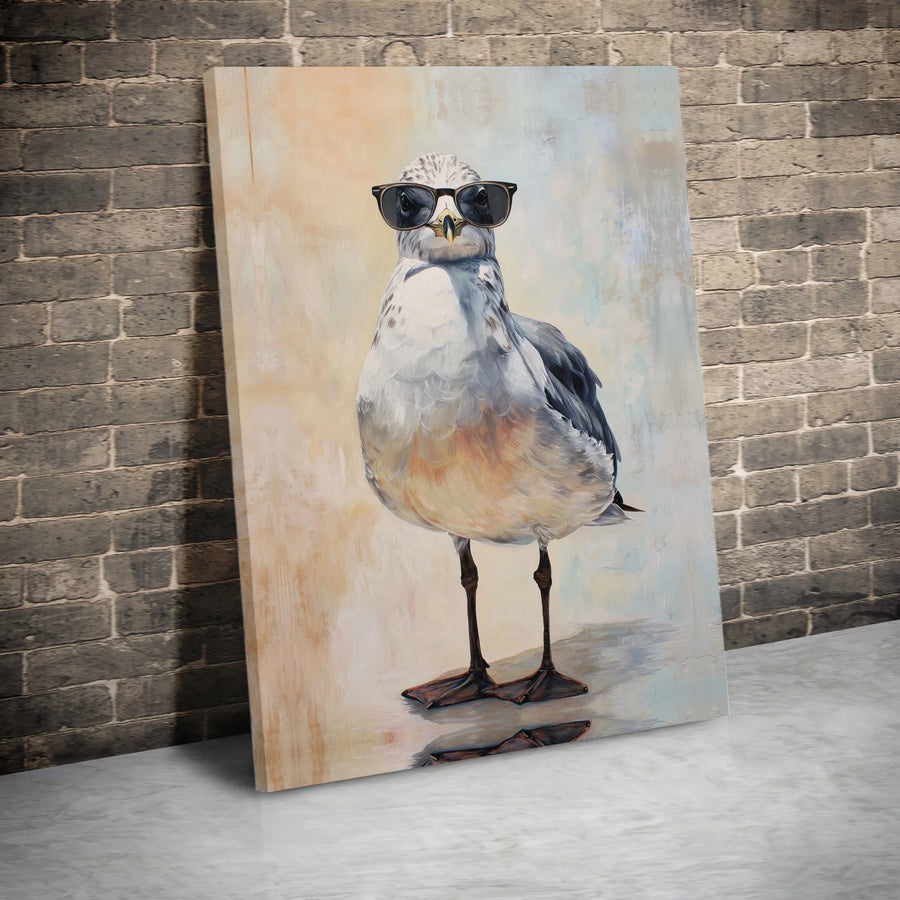 Funny Seagull Canvas Art | Bird with Sunglasses Painting | Premium Thick Gallery Wrap | Unique Coastal Beach House Decor Gift