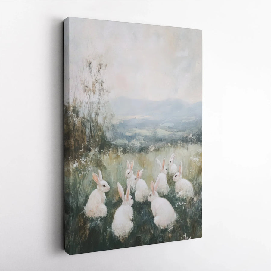 White Rabbit Meadow Canvas Wall Art | Impressionist Bunny Landscape Painting | Premium Gallery Wrapped Print | Cottagecore Aesthetic Home Decor Gift