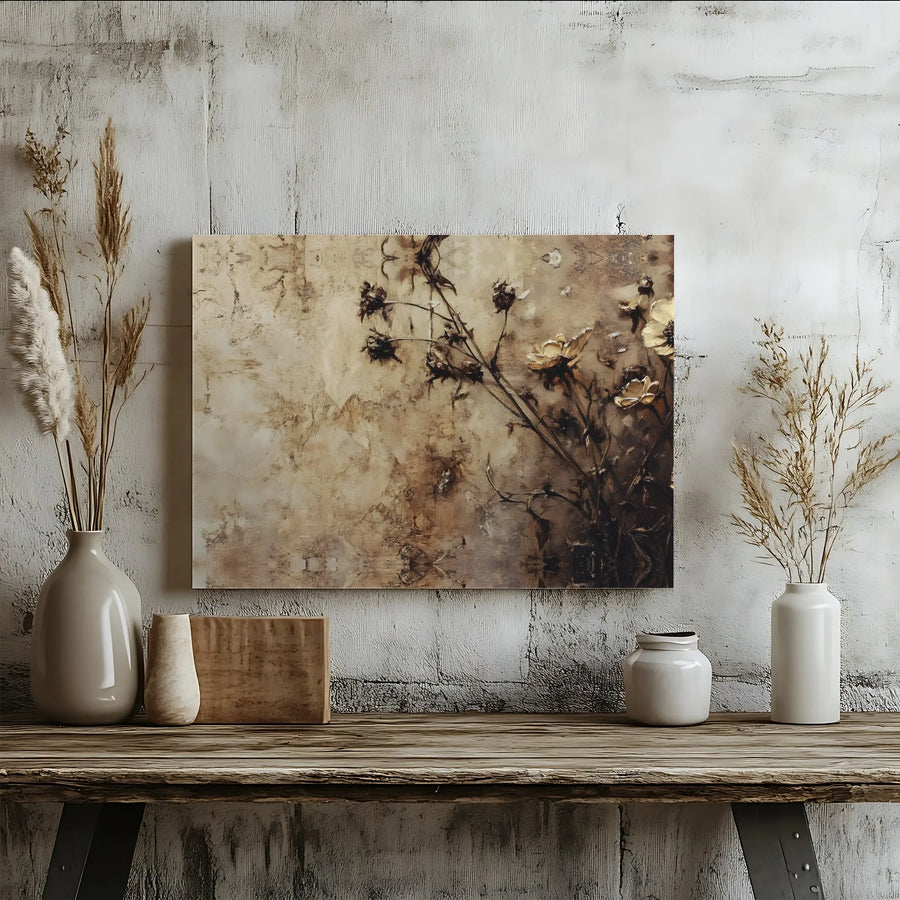 Abstract Dried Flower Canvas Art | Sepia Tone Textured Floral Wall Decor | 1.25-Inch Gallery Wrap Premium Print | Elegant Minimalist Home Interior Gift