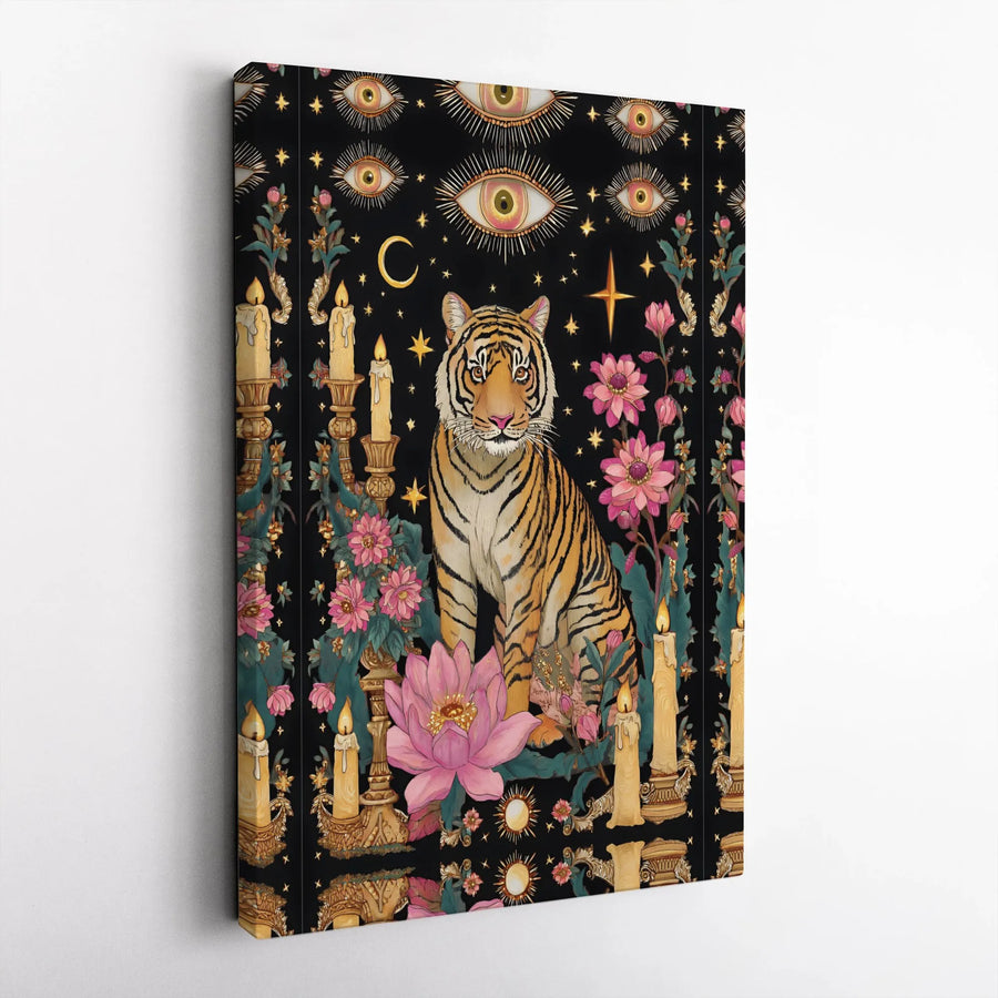 Mystical Tiger Canvas Art | Celestial Eye & Floral Illustration | Premium Fade-Resistant Print | Bohemian Room Decor Gift