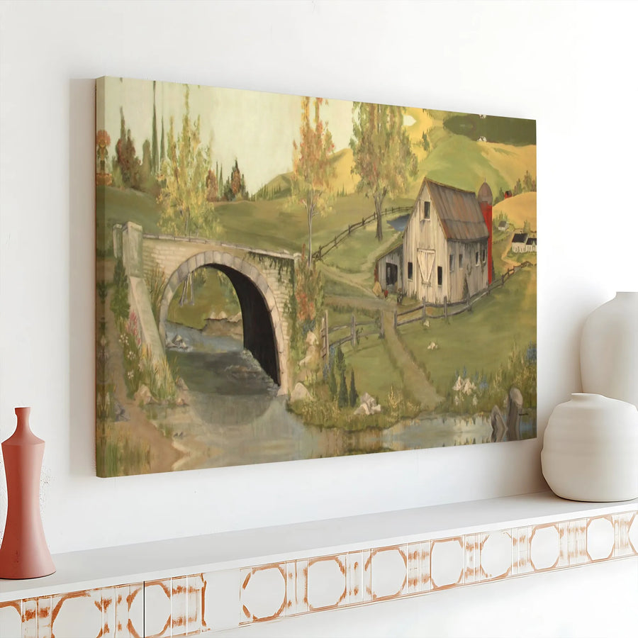 Farmhouse Canvas Wall Art | Rustic Barn and Stone Bridge Scenery | Premium Fade-Resistant Print | Country Living Room Decor Gift