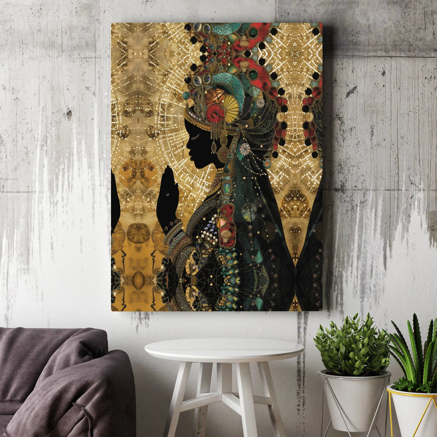 African Queen Wall Art | Ornate Gold Headdress Canvas Print | Premium Gallery Wrapped Decor | Spiritual Afrocentric Home Gift