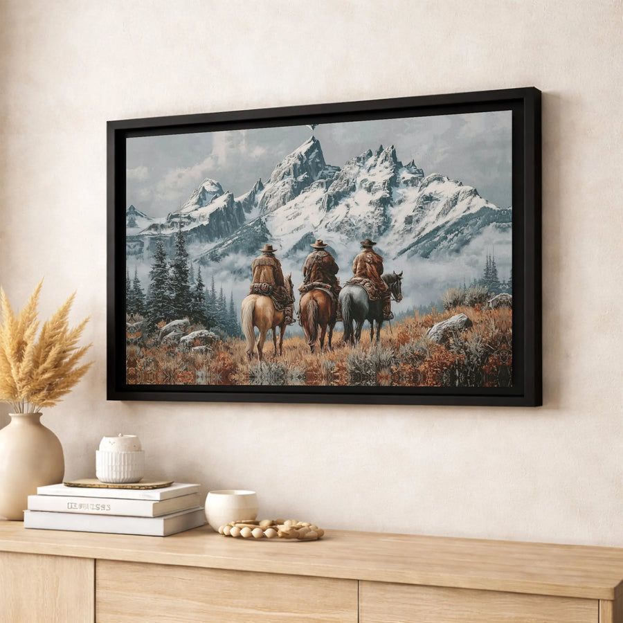 Western Canvas Wall Art | Three Cowboys Riding Into Snow Mountains | Premium Gallery-Wrapped Print | Rustic Home Decor & Cowboy Gift