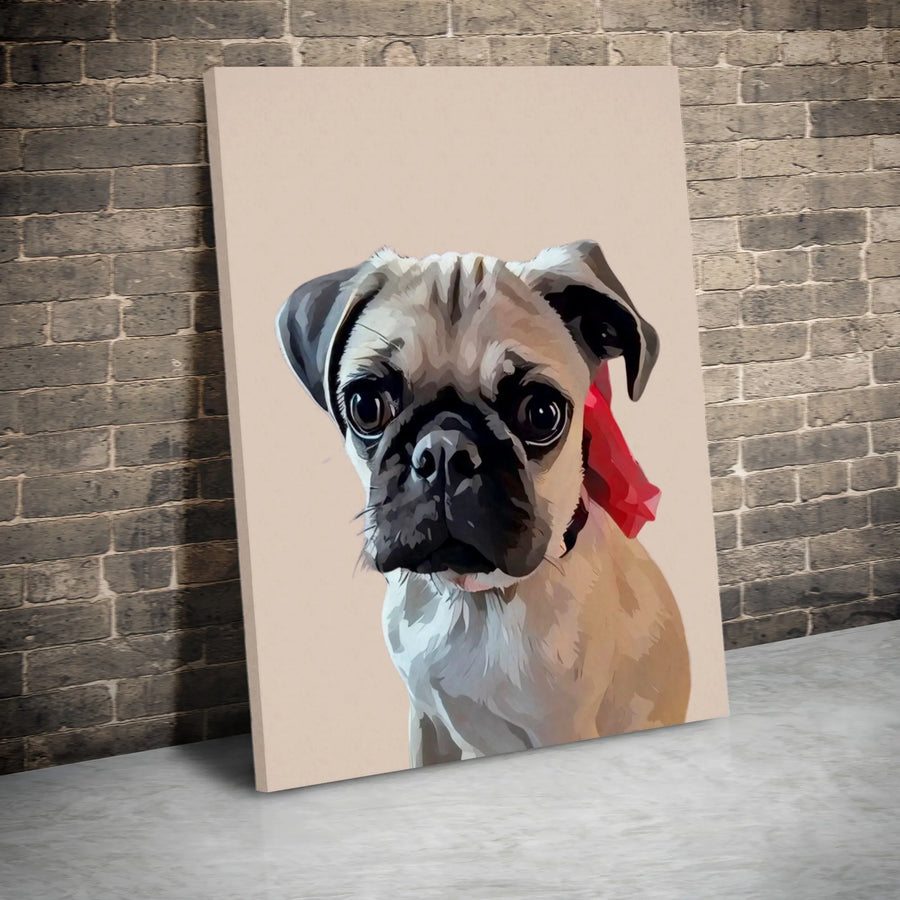 Pug Dog Portrait Canvas Wall Art | Painterly Puppy With Red Bow | Premium 1.25-Inch Gallery Wrap | Cute Pet Decor Gift for Dog Lovers