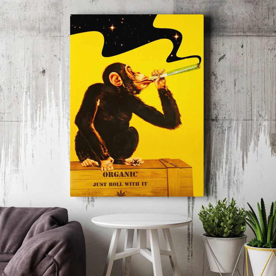 Smoking Chimpanzee Canvas Art | Funny Monkey Wall Decor | Premium Fade-Resistant Print | Unique Cannabis Lover Gift for Man Cave