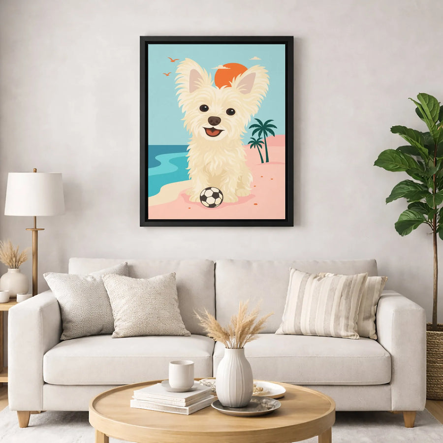 Cute Dog Beach Canvas Print | Retro Tropical Soccer Art | Premium Gallery Wrapped Wall Decor | Gift For Dog Lovers & Soccer Fans