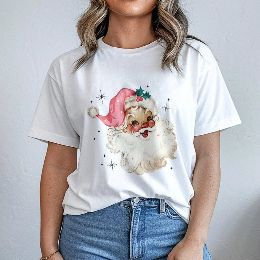 Retro Santa T-Shirt | Vintage Christmas Pink Hat Graphic | Premium Soft Cotton | Festive Holiday Gift for Women and Men