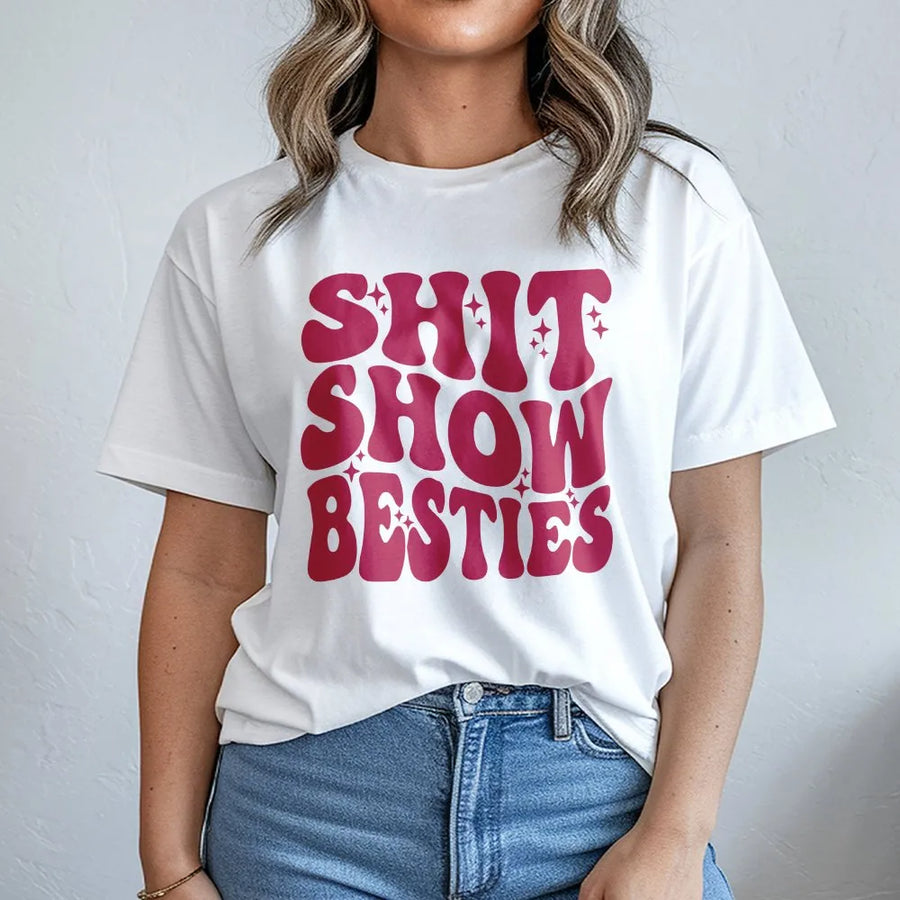 Shit Show Besties T-Shirt | Retro Groovy Aesthetic Graphic | 100% Soft Cotton Premium Tee | Funny Matching Gift for Best Friend