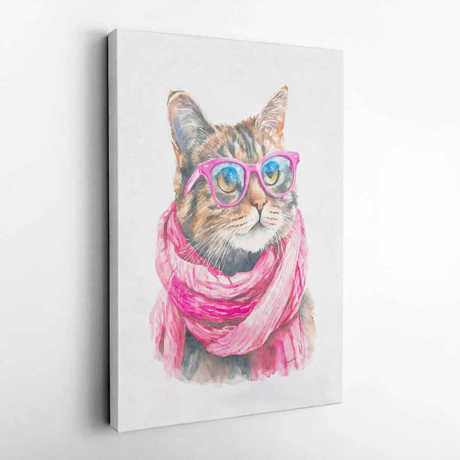 Watercolor Cat Wall Art | Whimsical Tabby with Pink Scarf and Glasses | Gallery-Quality 1.25" Canvas | Charming Home Decor Gift