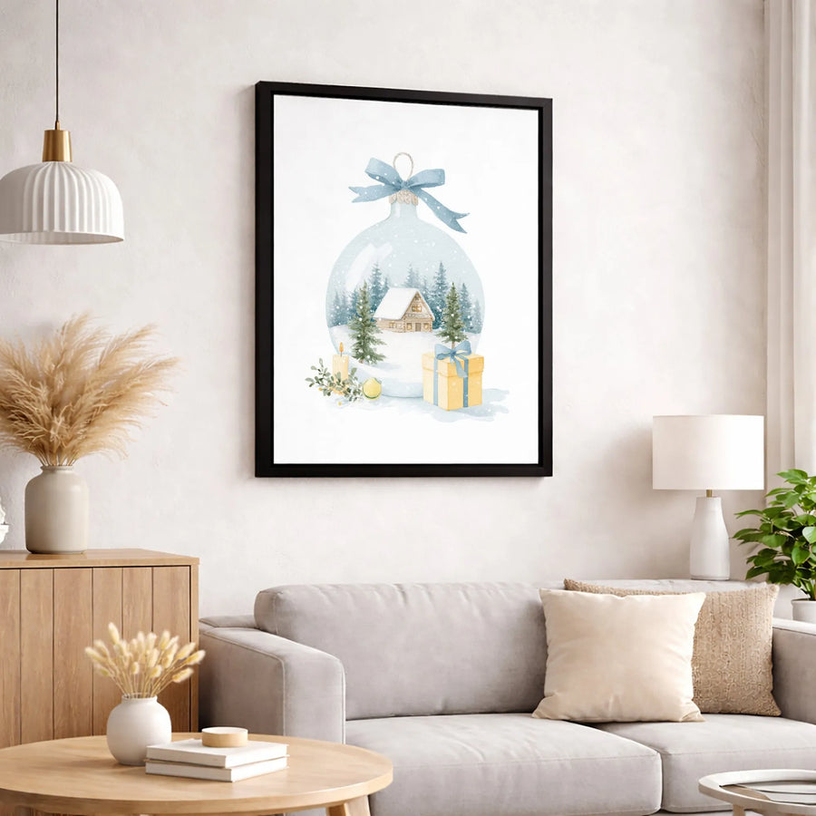 Watercolor Christmas Ornament Canvas Print | Snowy Log Cabin Winter Scene | Gallery Wrapped Premium Wall Art | Festive Holiday Home Decor Gift