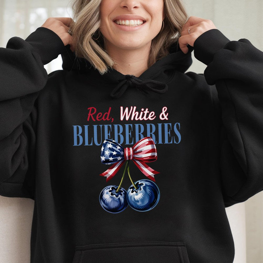 Red White and Blueberries Hoodie | Patriotic American Flag Bow Design | Premium Cotton-Blend | 4th of July Gift for Women and Men