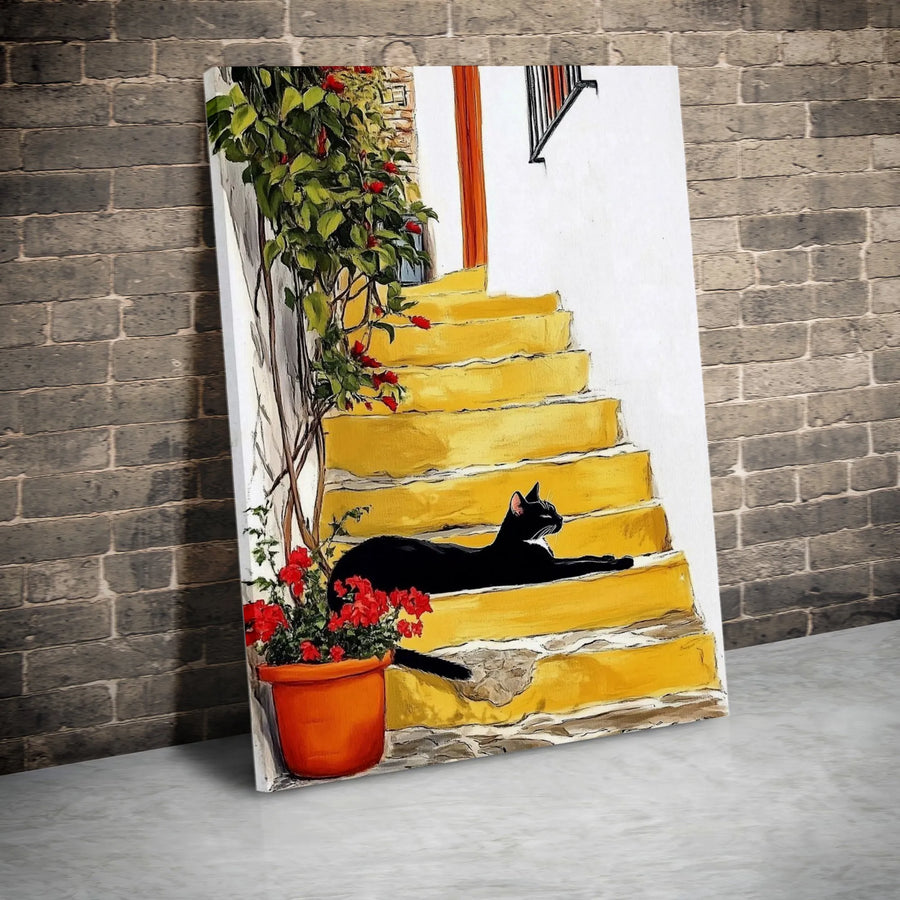 Black Cat Wall Art | Mediterranean Yellow Stairs & Red Flowers | Premium Gallery Wrapped Canvas | Whimsical Pet Lover Gift