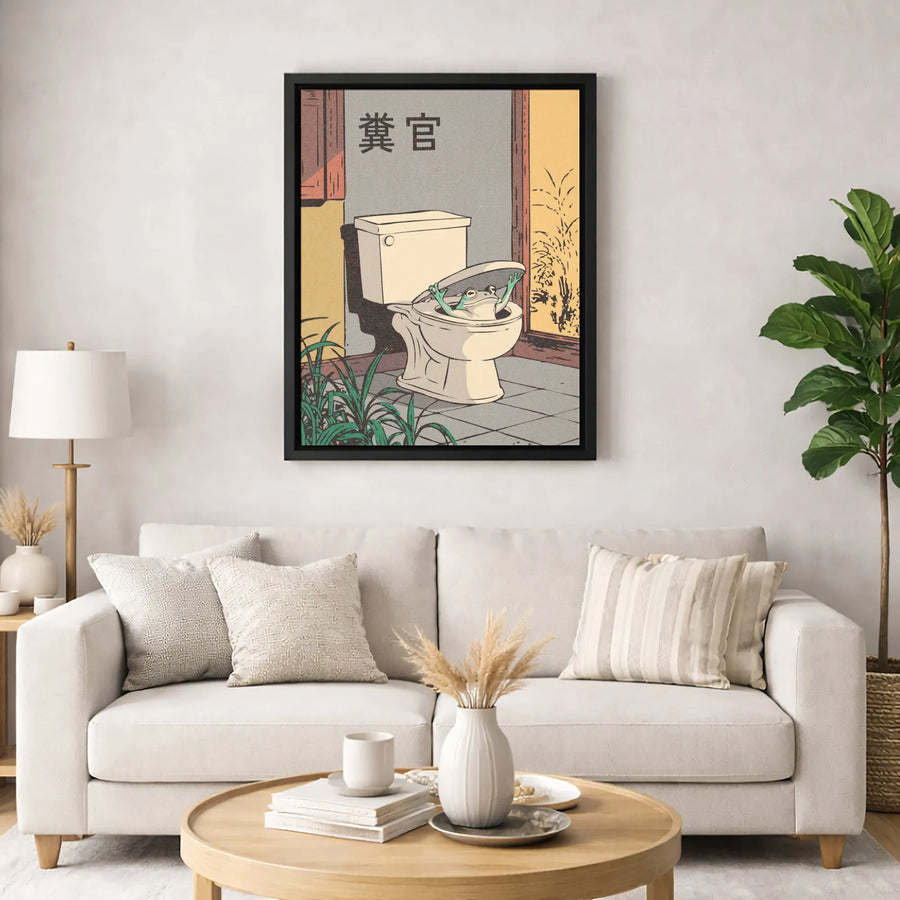 Funny Frog In Toilet Canvas Art | Ukiyo-E Style Japanese Print | Premium 1.25 Inch Gallery Wrap | Whimsical Bathroom Decor Wall Art Gift