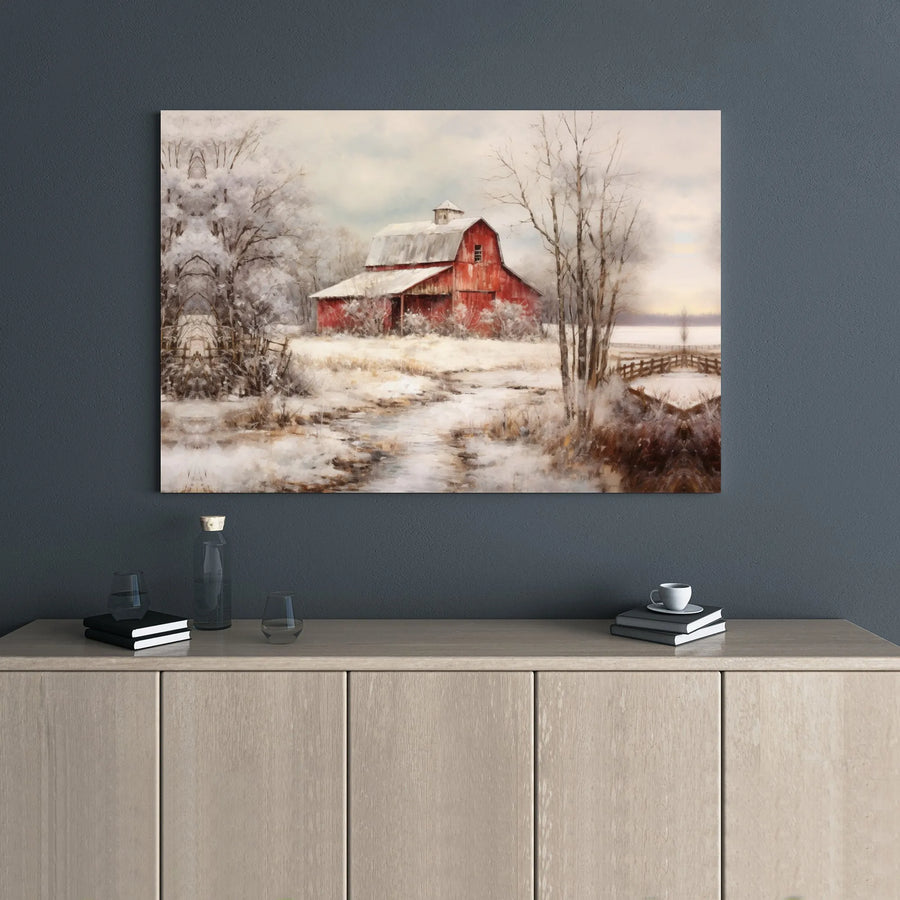 Rustic Red Barn Canvas Art | Snowy Countryside Winter Landscape | 1.25 Inch Gallery Wrap | Farmhouse Wall Decor for Home