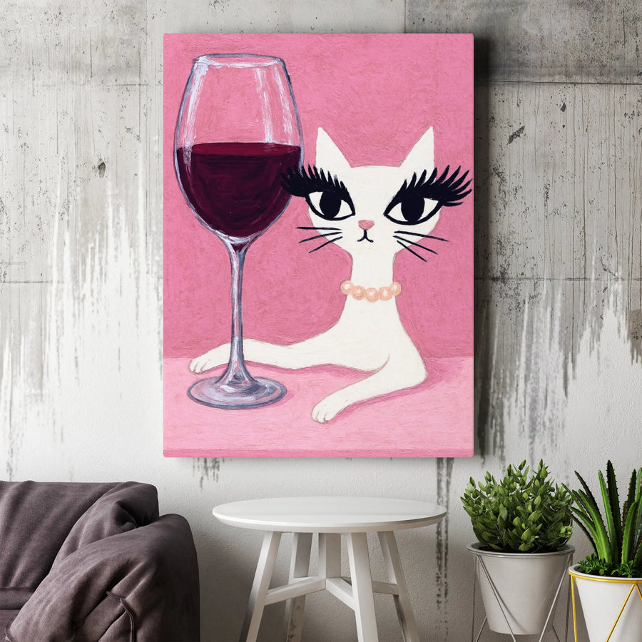 Glamorous White Cat Canvas Art | Wine Lover Painting with Eyelashes | 1.25 inch Gallery Wrap Print | Whimsical Home Decor Gift for Her
