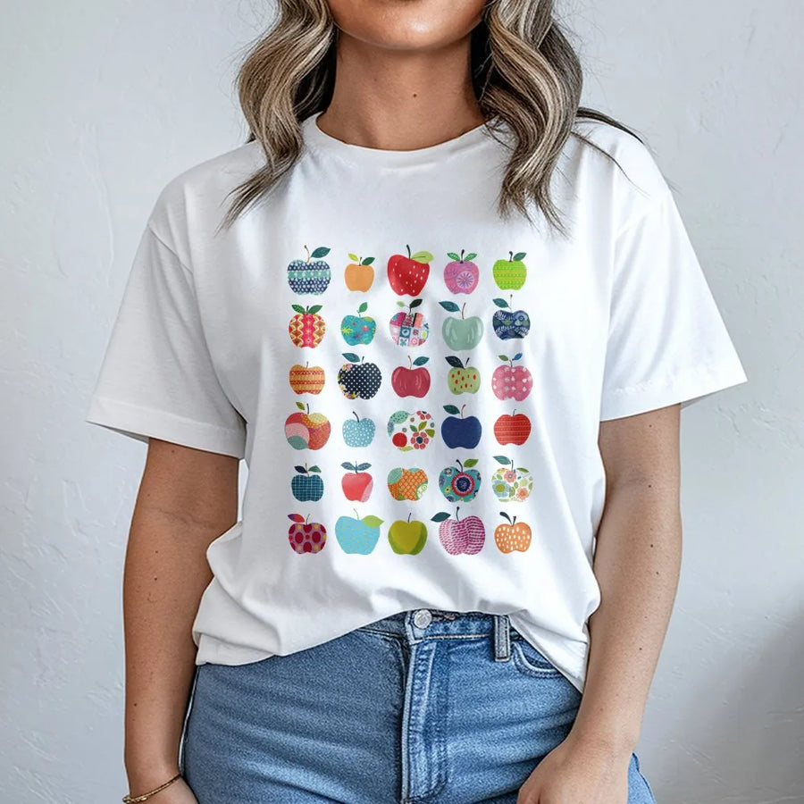 Teacher Apple T-Shirt | Colorful Retro Apple Pattern | Soft Cotton Tee | Back to School Teacher Appreciation Gift