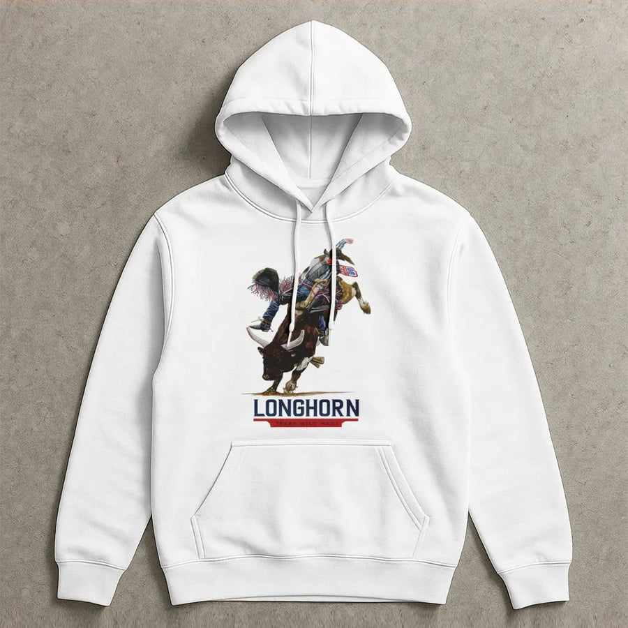 Bull Rider Hoodie | Vintage Texas Longhorn Graphic | Premium Cotton Blend | Western Rodeo Gift for Cowboy and Country Style Enthusiasts