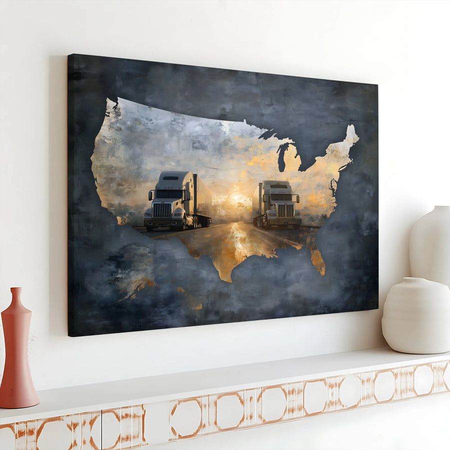 American Trucker Canvas Wall Art | USA Map Semi Truck Artwork | Premium Gallery Wrapped Canvas | Gift for Truck Driver Man Cave Decor