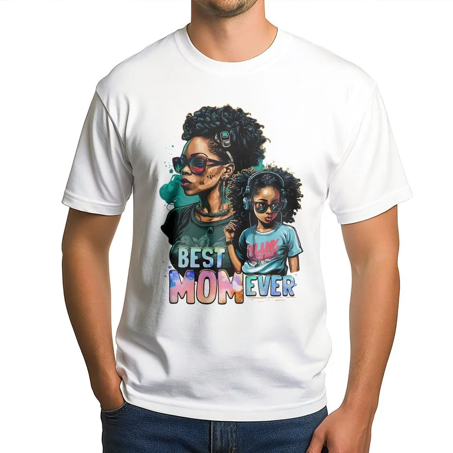 Black Mom T-Shirt | Best Mom Ever Graphic with Afro Mom & Daughter | Premium Cotton Blend | Mother's Day Gift for Women