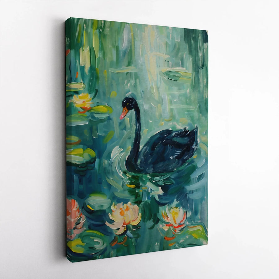 Black Swan Canvas Wall Art | Impressionist Water Lilies Print | Premium Gallery Wrap Decor | Nature Inspired Gift for Home Office
