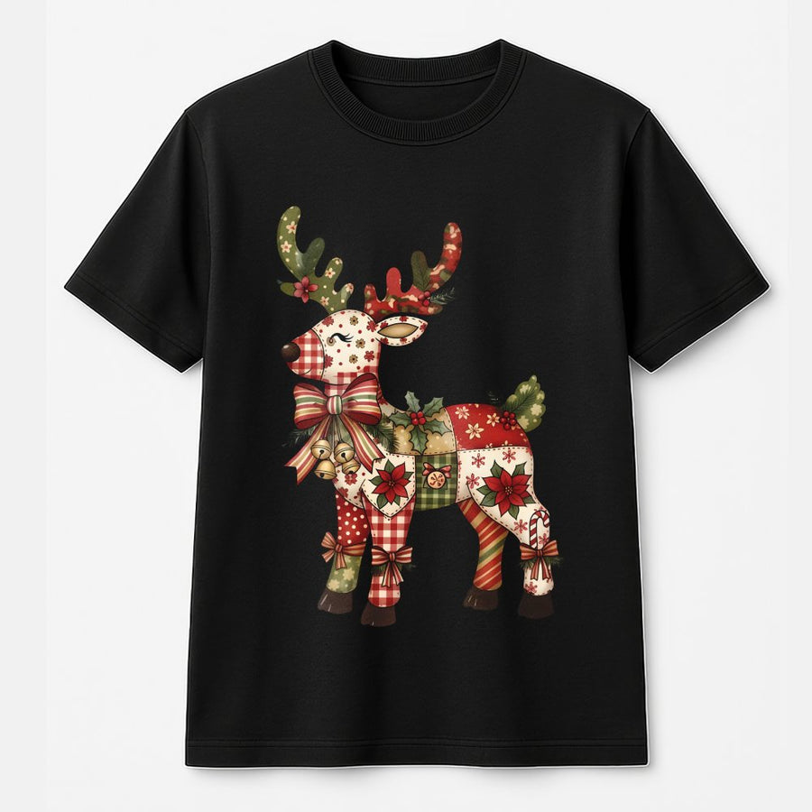 Christmas Reindeer T-Shirt | Festive Patchwork Holiday Graphic | Premium 100% Cotton Tee | Cute Xmas Gift for Women and Family