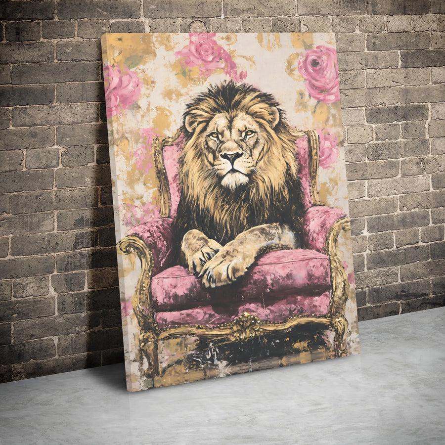 Lion Wall Art | Royal Lion in Pink Vintage Armchair Decor | Gallery Wrapped Premium Canvas | Majestic Animal Portrait Gift for Home Office