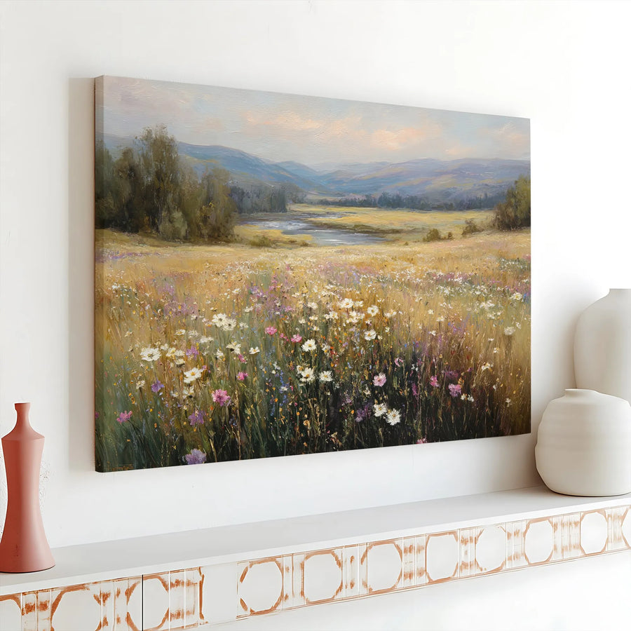 Wildflower Meadow Canvas Wall Art | Vintage Oil Painting Style Art Print | Thick Gallery Wrap Canvas | Farmhouse Living Room Decor Gift