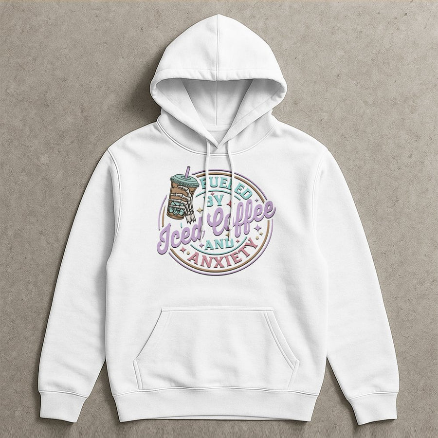 Fueled By Iced Coffee And Anxiety Hoodie | Skeleton Hand Coffee Lover Graphic | Premium Cotton Blend Sweatshirt | Funny Caffeine Addict Gift For Her