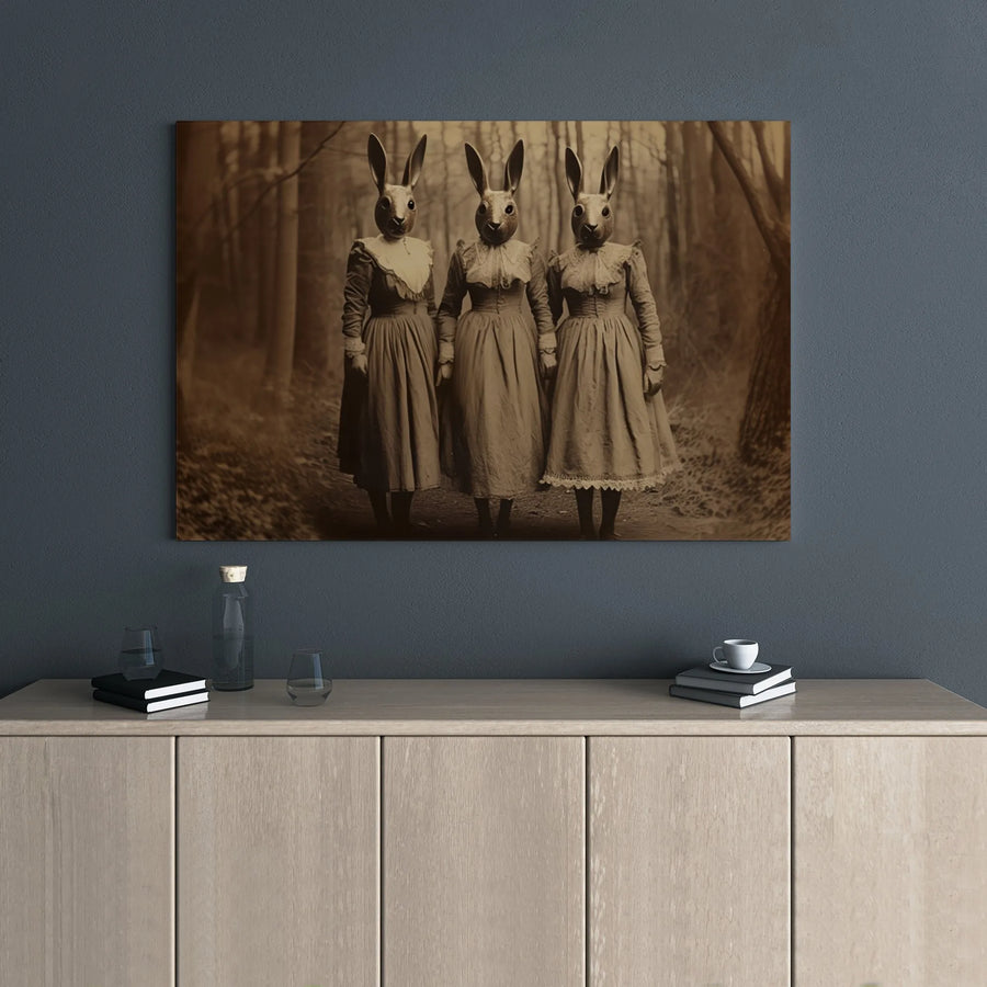 Surreal Rabbit Head Wall Art | Vintage Victorian Three Sisters Portrait | Premium Gallery Wrap Canvas | Gothic Home Decor Gift