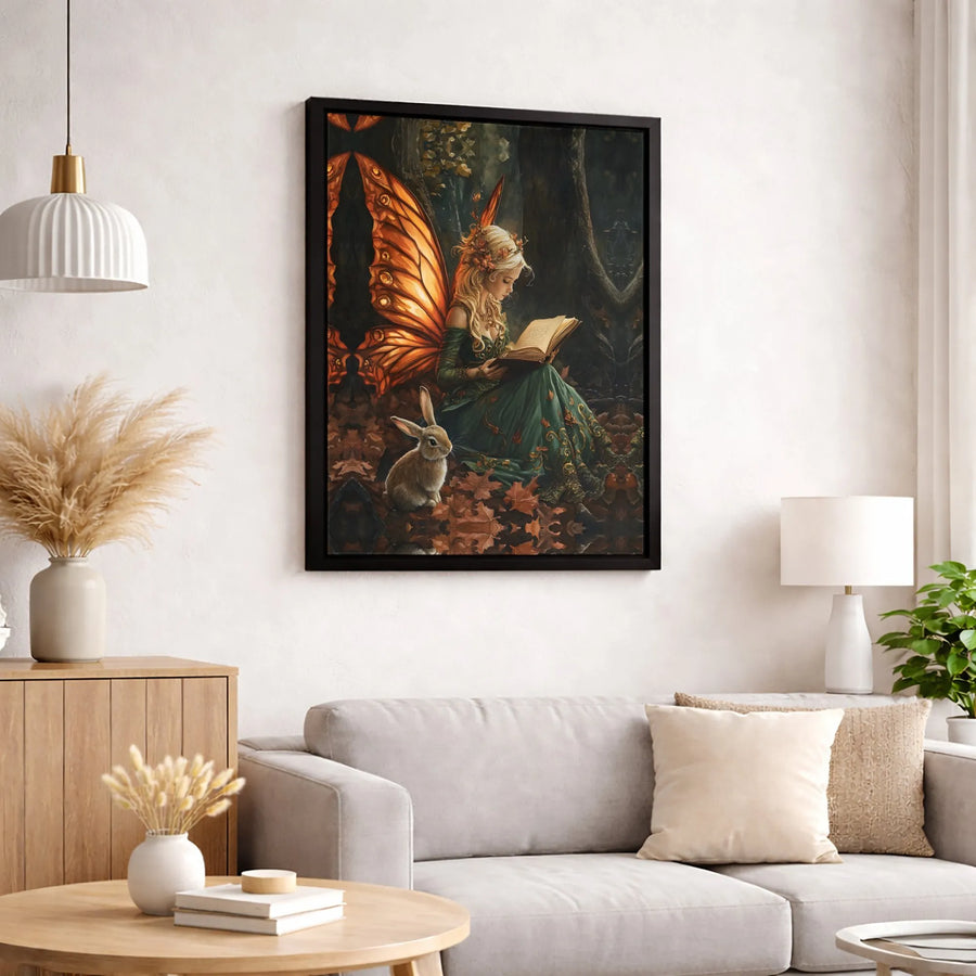 Fairy Wall Art Canvas | Autumn Forest Butterfly Wings Reading Rabbit | 1.25-Inch Gallery Wrap Print | Whimsical Nature Home Decor Gift
