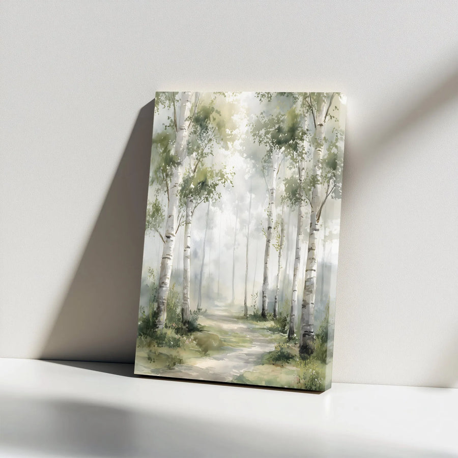 Birch Tree Forest Canvas Art | Watercolor Woodland Path Print | Premium Gallery Wrap Wall Decor | Nature-Inspired Home Office Gift