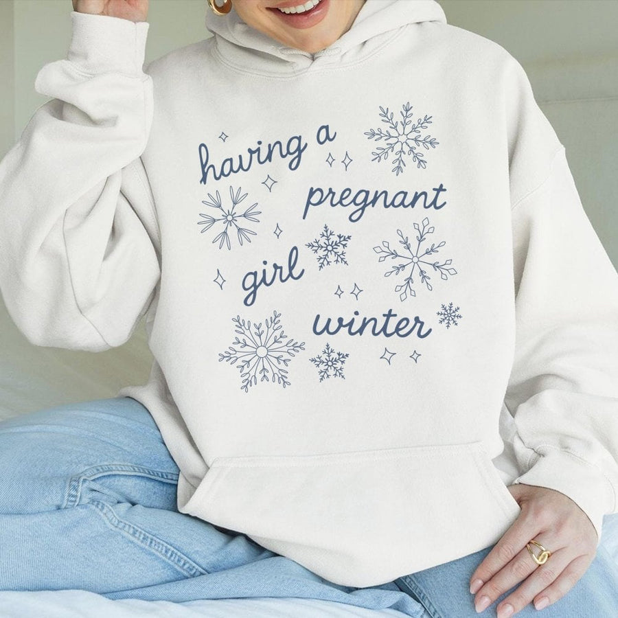 Having A Pregnant Girl Winter Hoodie | Snowflake Baby Gender Reveal Pullover | Cotton-Poly Blend Sweatshirt | Cute Maternity Gift for Mom-to-Be