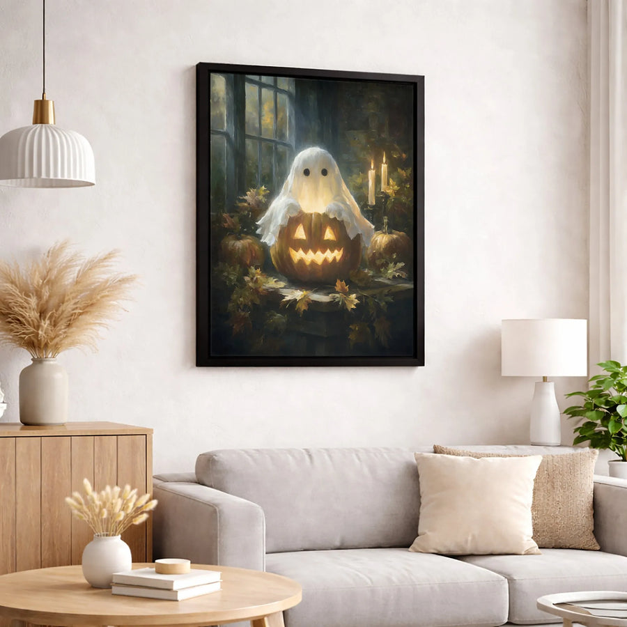 Cute Ghost in Pumpkin Canvas Wall Art | Spooky Halloween Jack-O-Lantern Decor | Premium Fade-Resistant Print | Gothic Seasonal Home Gift
