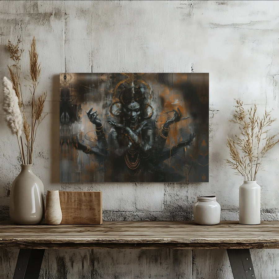 Dark Abstract Hindu Deity Canvas Art | Multi-Armed God Spiritual Wall Decor | Premium Gallery Wrap Print | Meditative Home Office Gift