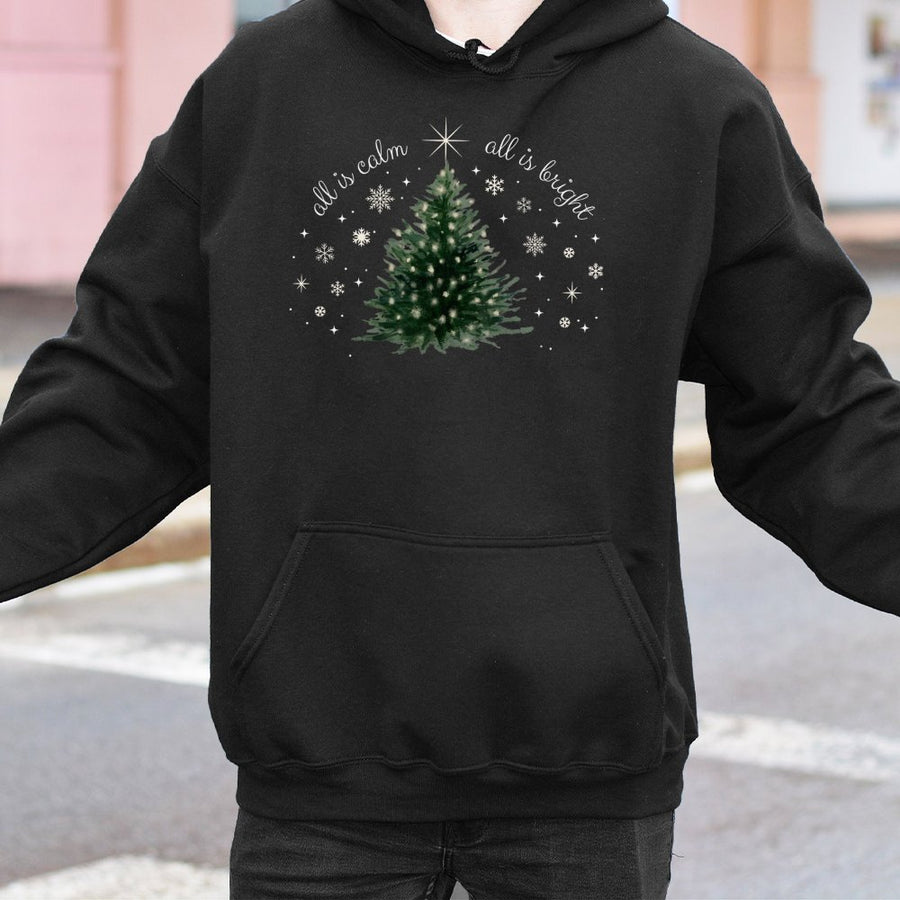 All Is Calm All Is Bright Christmas Hoodie | Minimalist Tree Graphic | Premium Cotton Blend | Cozy Holiday Gift for Her and Him